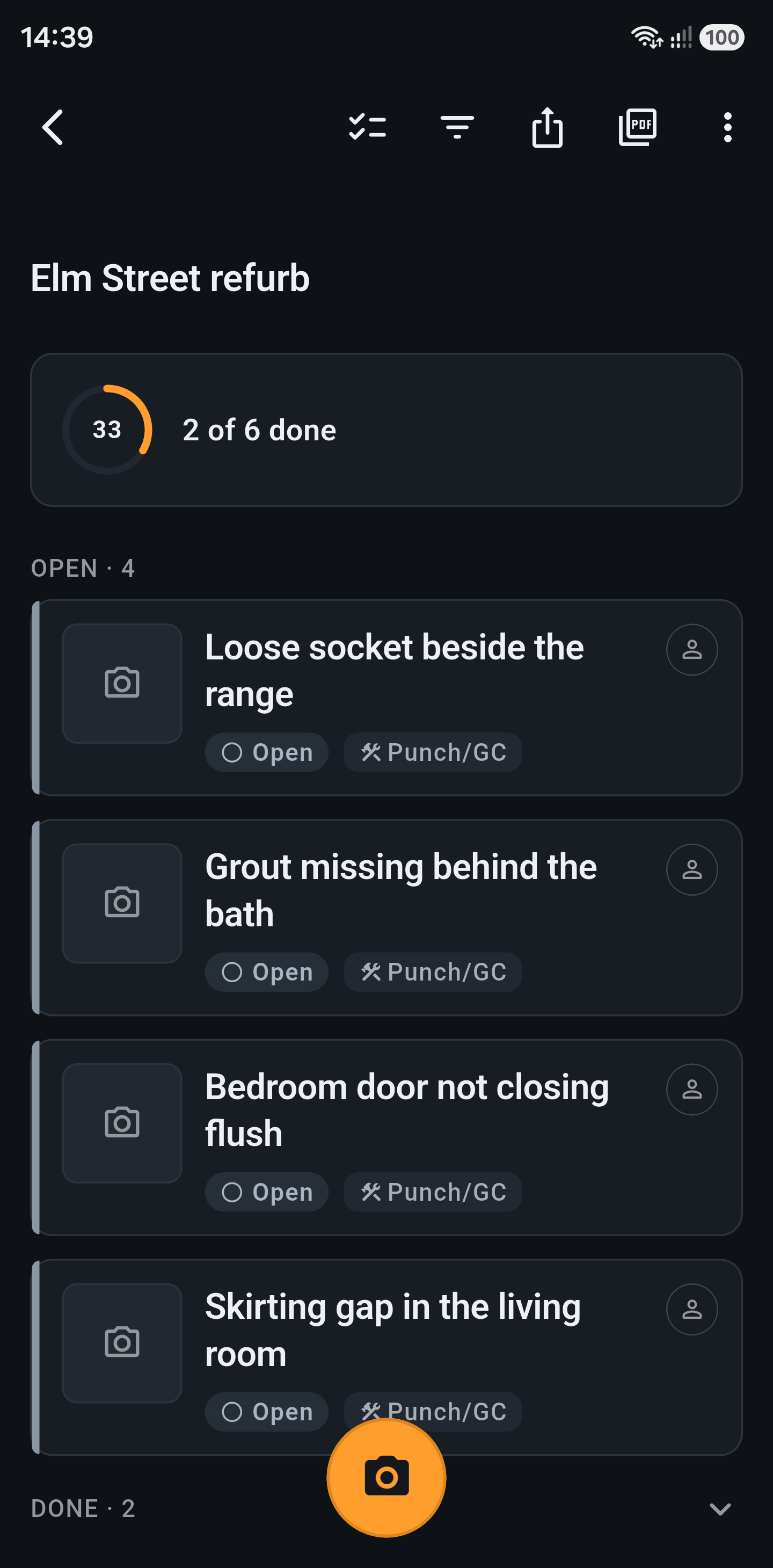 Finick punch list on a phone