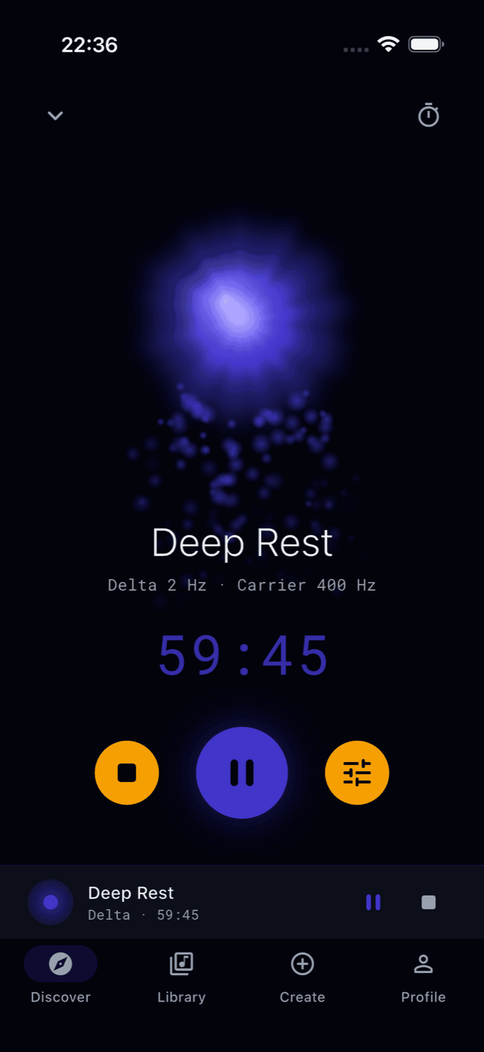 Oscillia player screen showing the generative orb at 2 Hz Delta